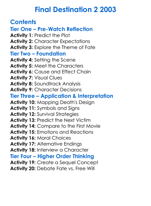 Final Destination 2 2003 Worksheet Activity Booklet