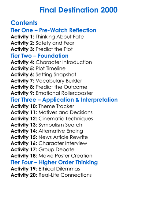Final Destination 2000 Worksheet Activity Booklet