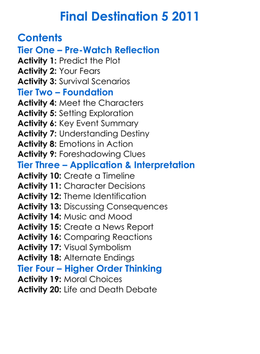 Final Destination 5 2011 Worksheet Activity Booklet