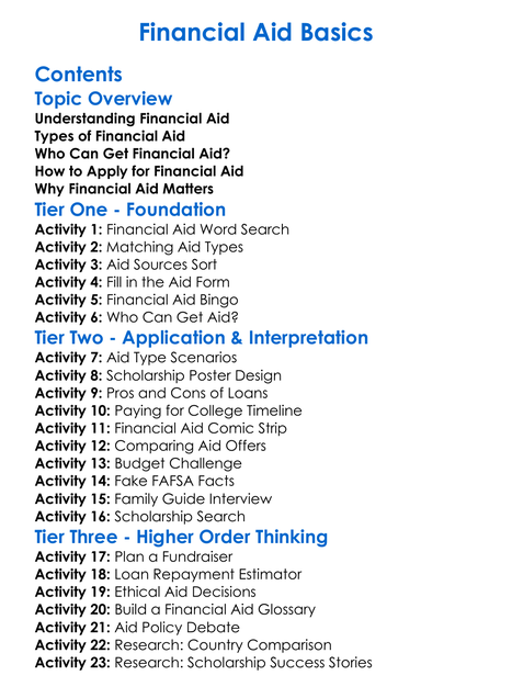 Financial Aid Basics Worksheet Activity Booklet