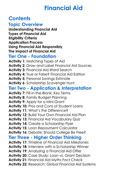 Financial Aid Worksheet Activity Booklet