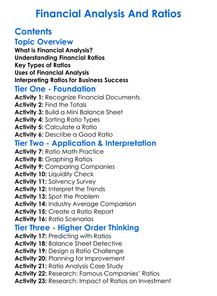 Financial Analysis And Ratios Worksheet Activity Booklet