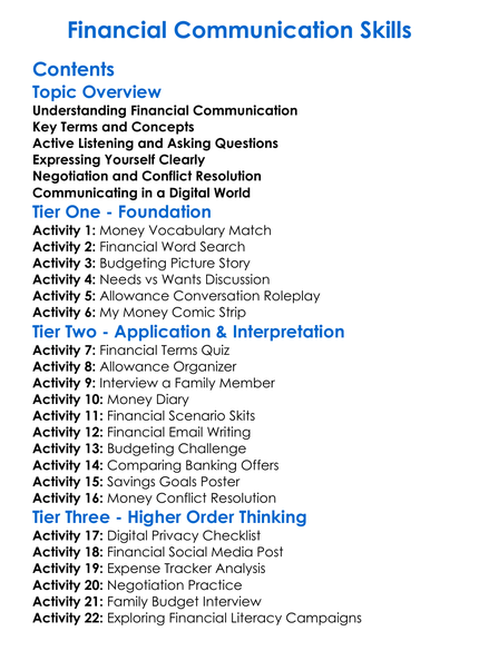 Financial Communication Skills Worksheet Activity Booklet