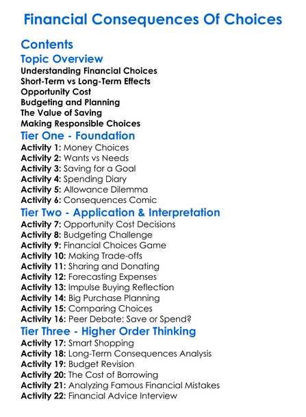 Financial Consequences Of Choices Worksheet Activity Booklet