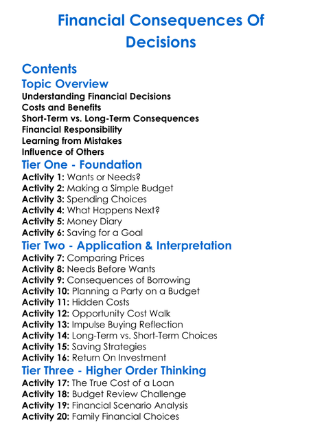 Financial Consequences Of Decisions Worksheet Activity Booklet