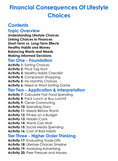 Financial Consequences Of Lifestyle Choices Worksheet Activity Booklet