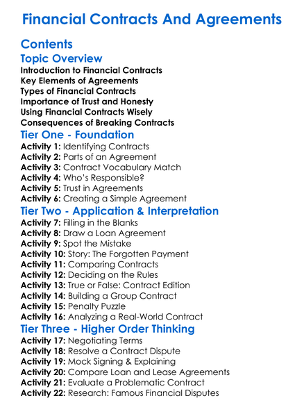 Financial Contracts And Agreements Worksheet Activity Booklet