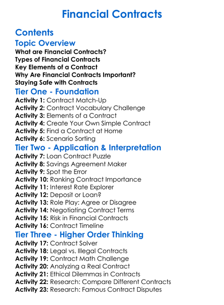 Financial Contracts Worksheet Activity Booklet