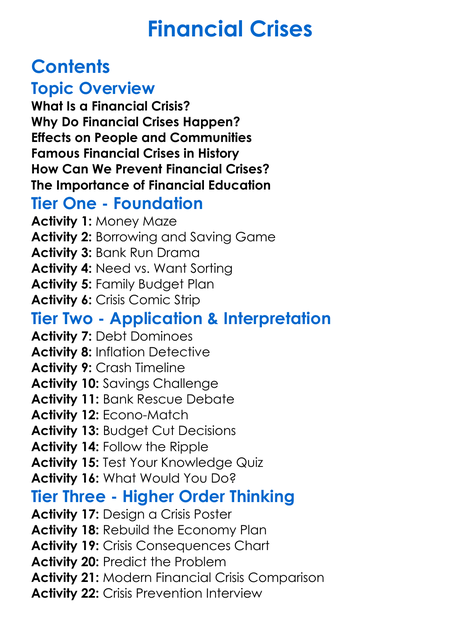 Financial Crises Worksheet Activity Booklet