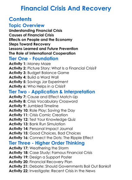 Financial Crisis And Recovery Worksheet Activity Booklet