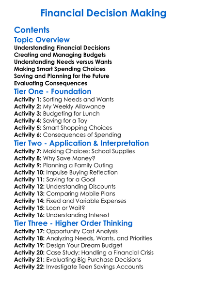 Financial Decision-Making Worksheet Activity Booklet