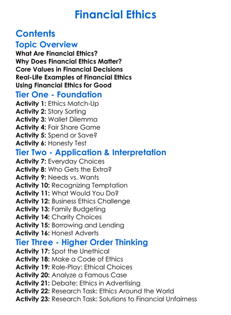 Financial Ethics Worksheet Activity Booklet
