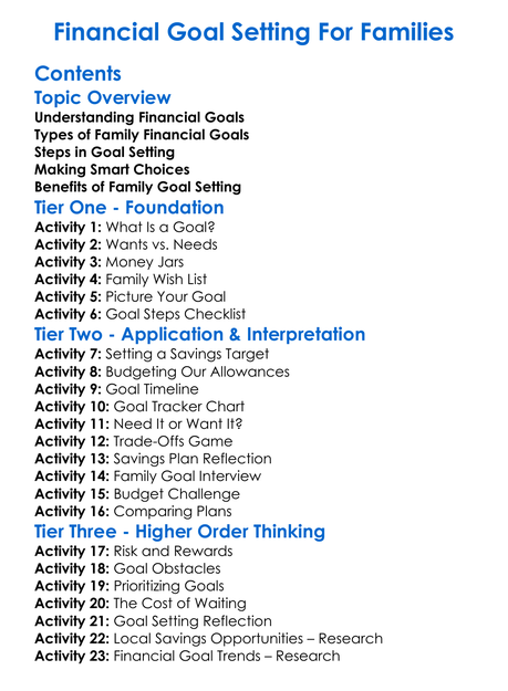 Financial Goal Setting For Families Worksheet Activity Booklet