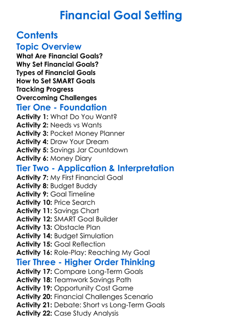 Financial Goal Setting Worksheet Activity Booklet