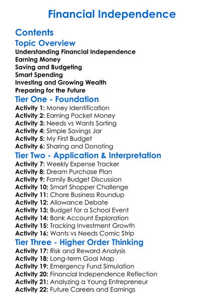 Financial Independence Worksheet Activity Booklet