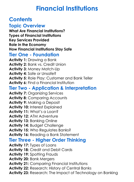 Financial Institutions Worksheet Activity Booklet