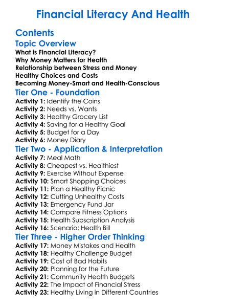 Financial Literacy And Health Worksheet Activity Booklet