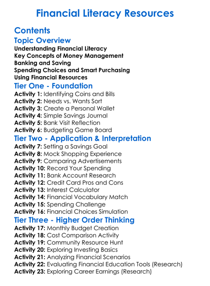Financial Literacy Resources Worksheet Activity Booklet