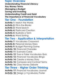 Financial Literacy Vocabulary Worksheet Activity Booklet