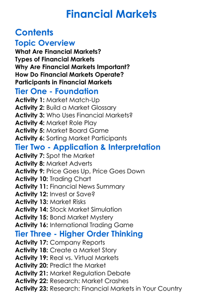 Financial Markets Worksheet Activity Booklet