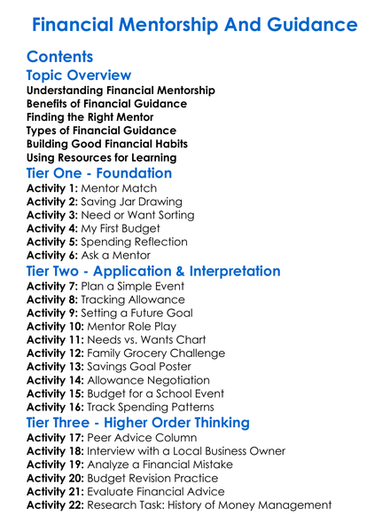 Financial Mentorship And Guidance Worksheet Activity Booklet