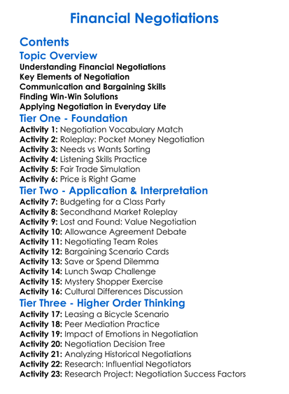 Financial Negotiations Worksheet Activity Booklet