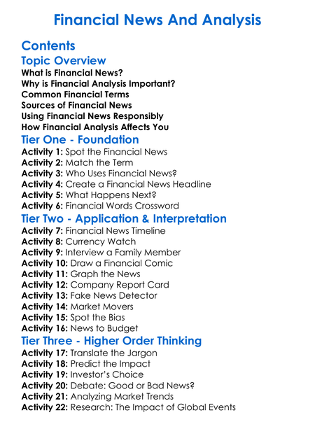 Financial News And Analysis Worksheet Activity Booklet