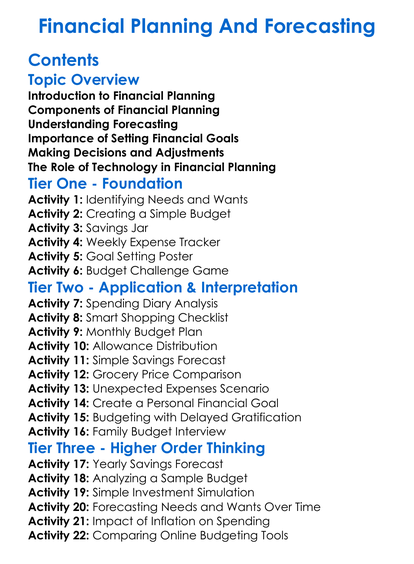 Financial Planning And Forecasting Worksheet Activity Booklet