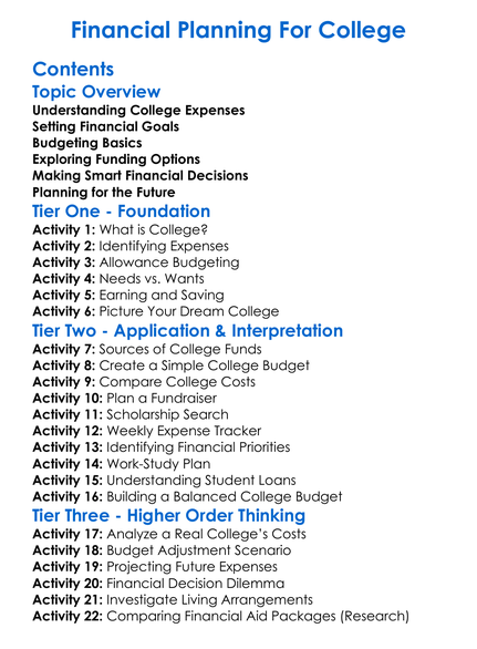 Financial Planning For College Worksheet Activity Booklet