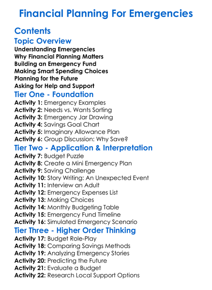Financial Planning For Emergencies Worksheet Activity Booklet
