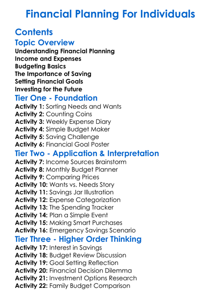 Financial Planning For Individuals Worksheet Activity Booklet