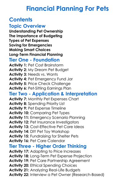 Financial Planning For Pets Worksheet Activity Booklet