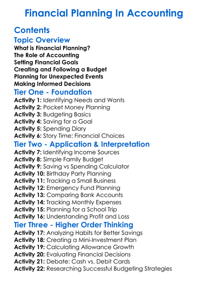 Financial Planning In Accounting Worksheet Activity Booklet