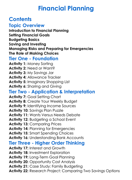 Financial Planning Worksheet Activity Booklet
