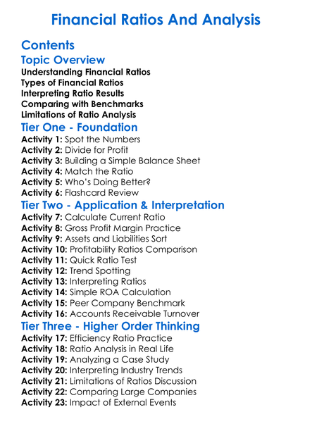 Financial Ratios And Analysis Worksheet Activity Booklet