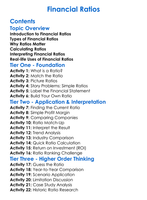 Financial Ratios Worksheet Activity Booklet