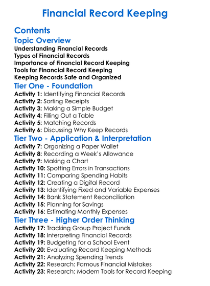 Financial Record Keeping Worksheet Activity Booklet