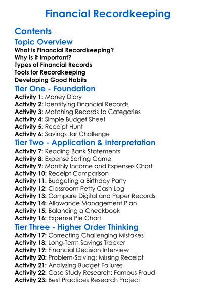 Financial Recordkeeping Worksheet Activity Booklet
