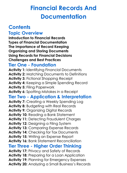 Financial Records And Documentation Worksheet Activity Booklet