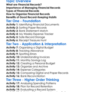 Financial Records Management Worksheet Activity Booklet