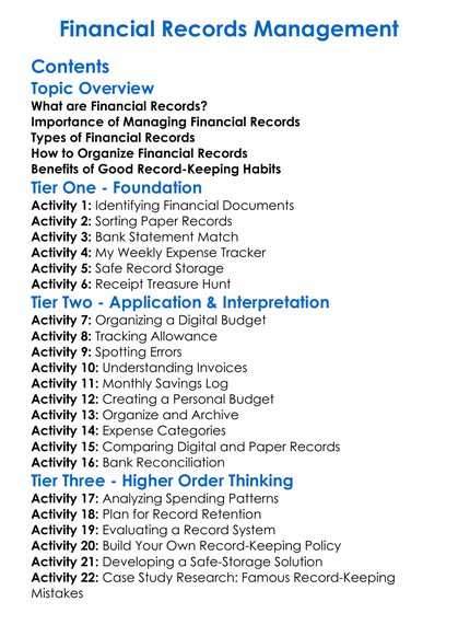 Financial Records Management Worksheet Activity Booklet