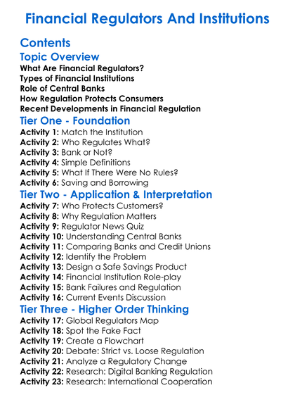 Financial Regulators And Institutions Worksheet Activity Booklet