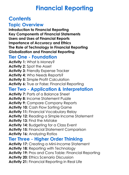 Financial Reporting Worksheet Activity Booklet