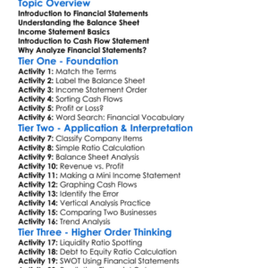 Financial Statements Analysis Worksheet Activity Booklet