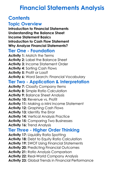 Financial Statements Analysis Worksheet Activity Booklet