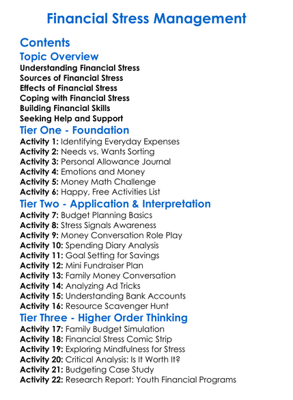 Financial Stress Management Worksheet Activity Booklet