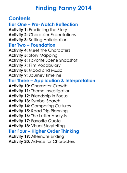 Finding Fanny 2014 Worksheet Activity Booklet