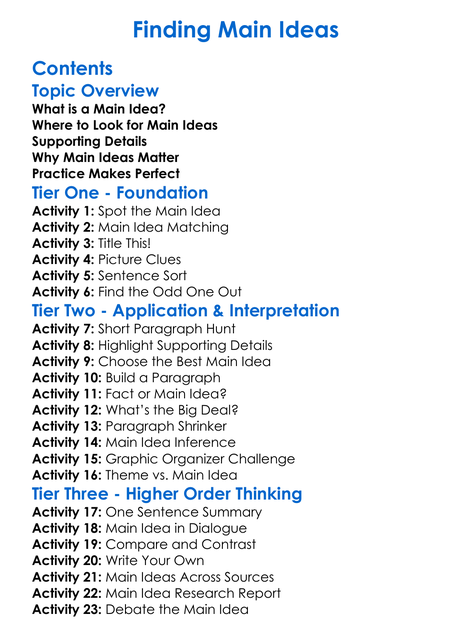 Finding Main Ideas Worksheet Activity Booklet