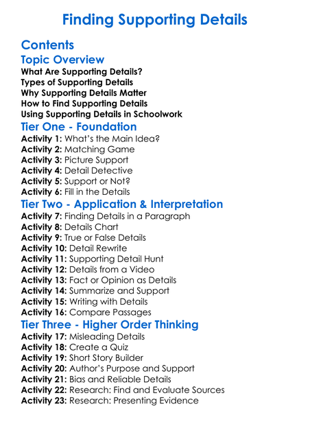 Finding Supporting Details Worksheet Activity Booklet