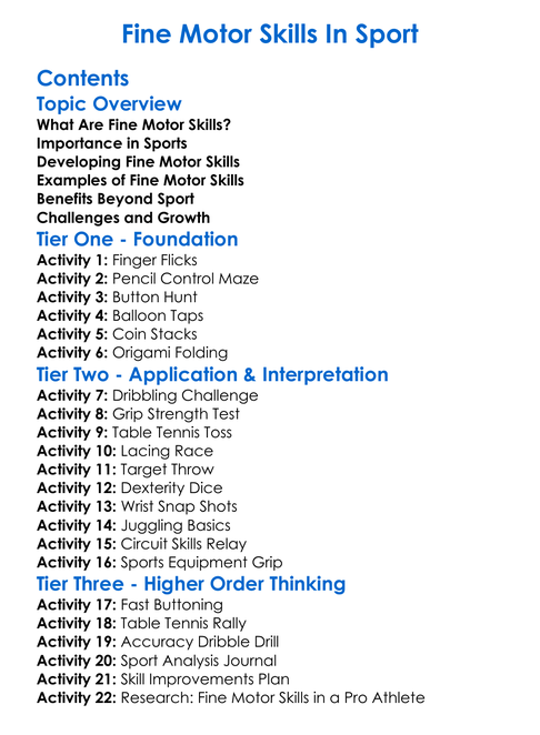 Fine Motor Skills In Sport Worksheet Activity Booklet